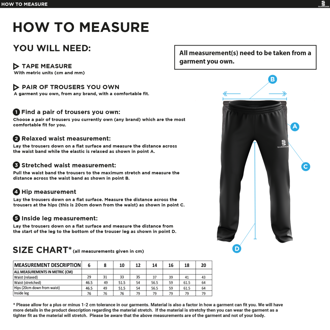Hornchurch Athletic CC - Women's Ripstop Track Pants - Size Guide