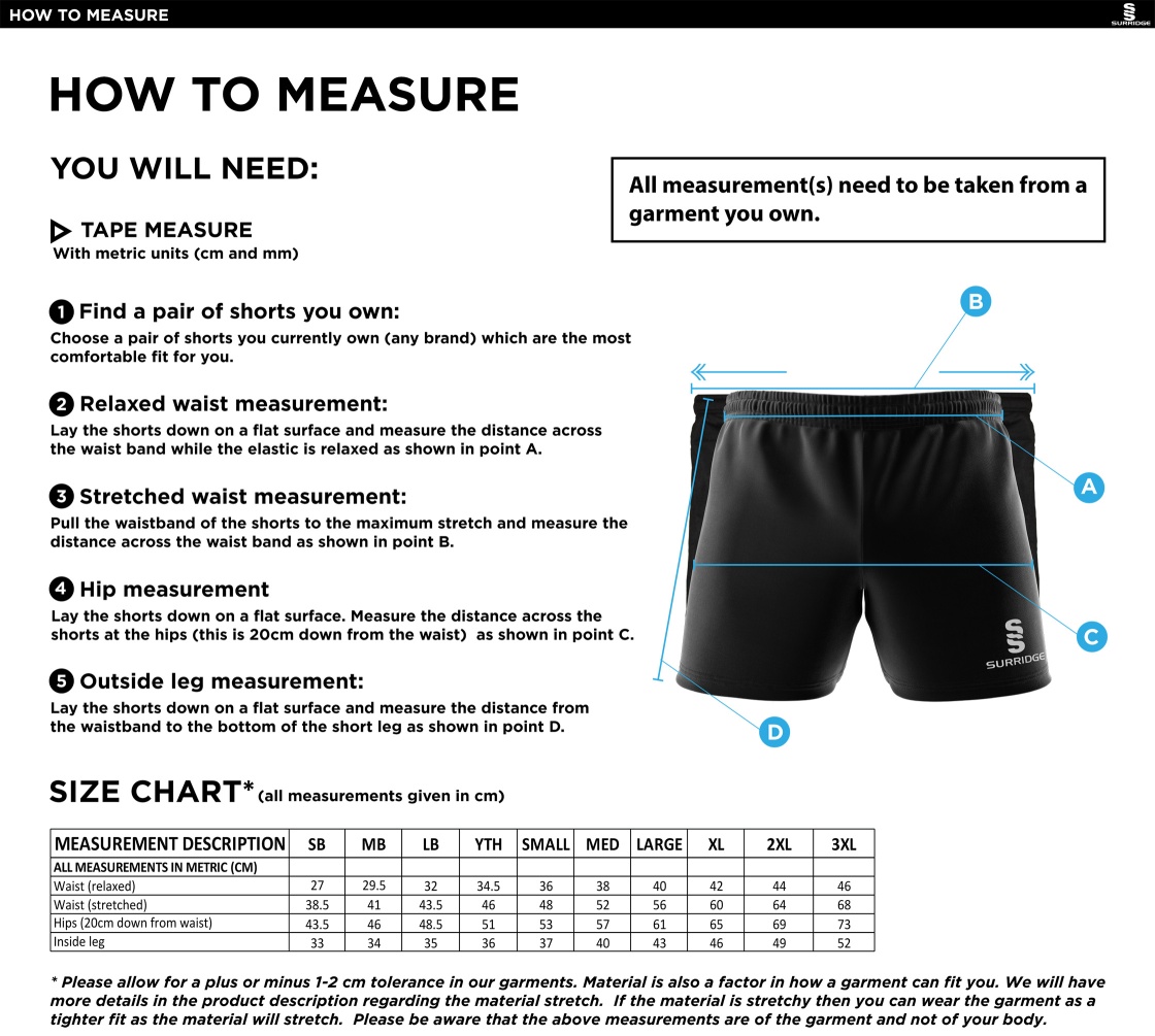 Hornchurch Athletics CC - Dual Gym Shorts - Size Guide