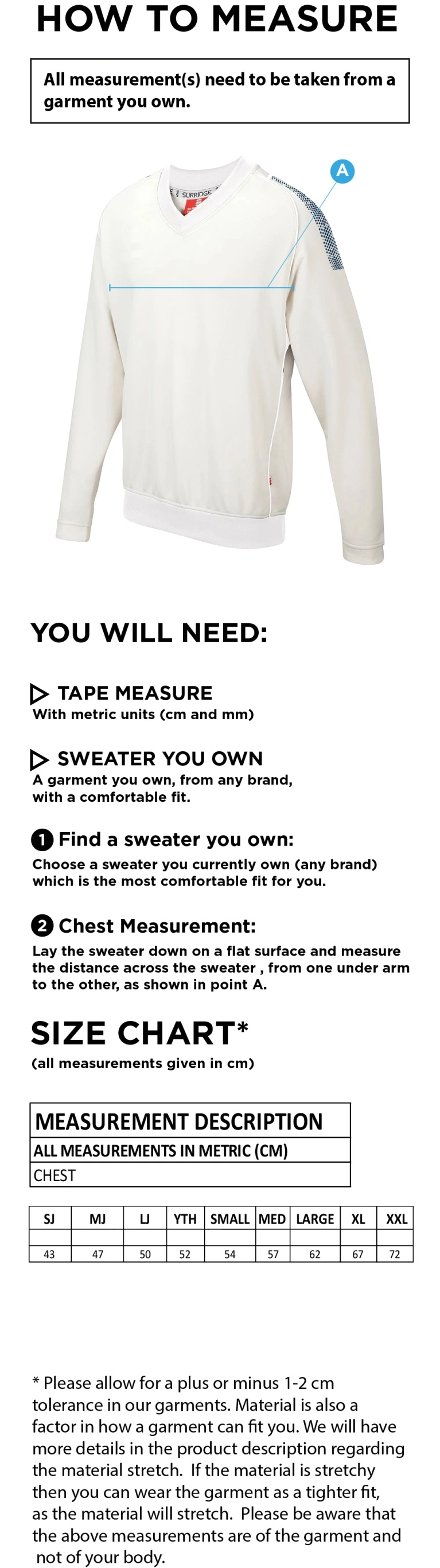 Hornchurch Athletic CC - Curve Long Sleeved Sweater (Sponsor) - Size Guide