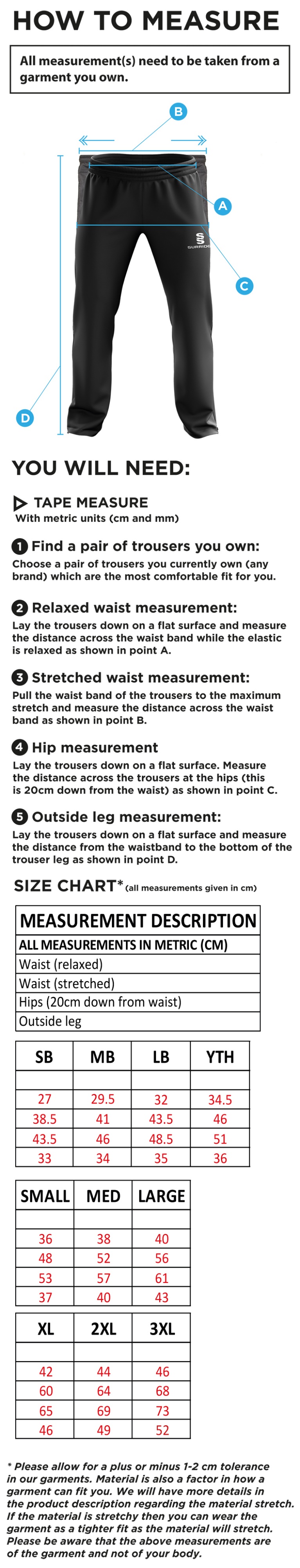 Hornchurch Athletic CC - Ripstop Track Pants - Size Guide