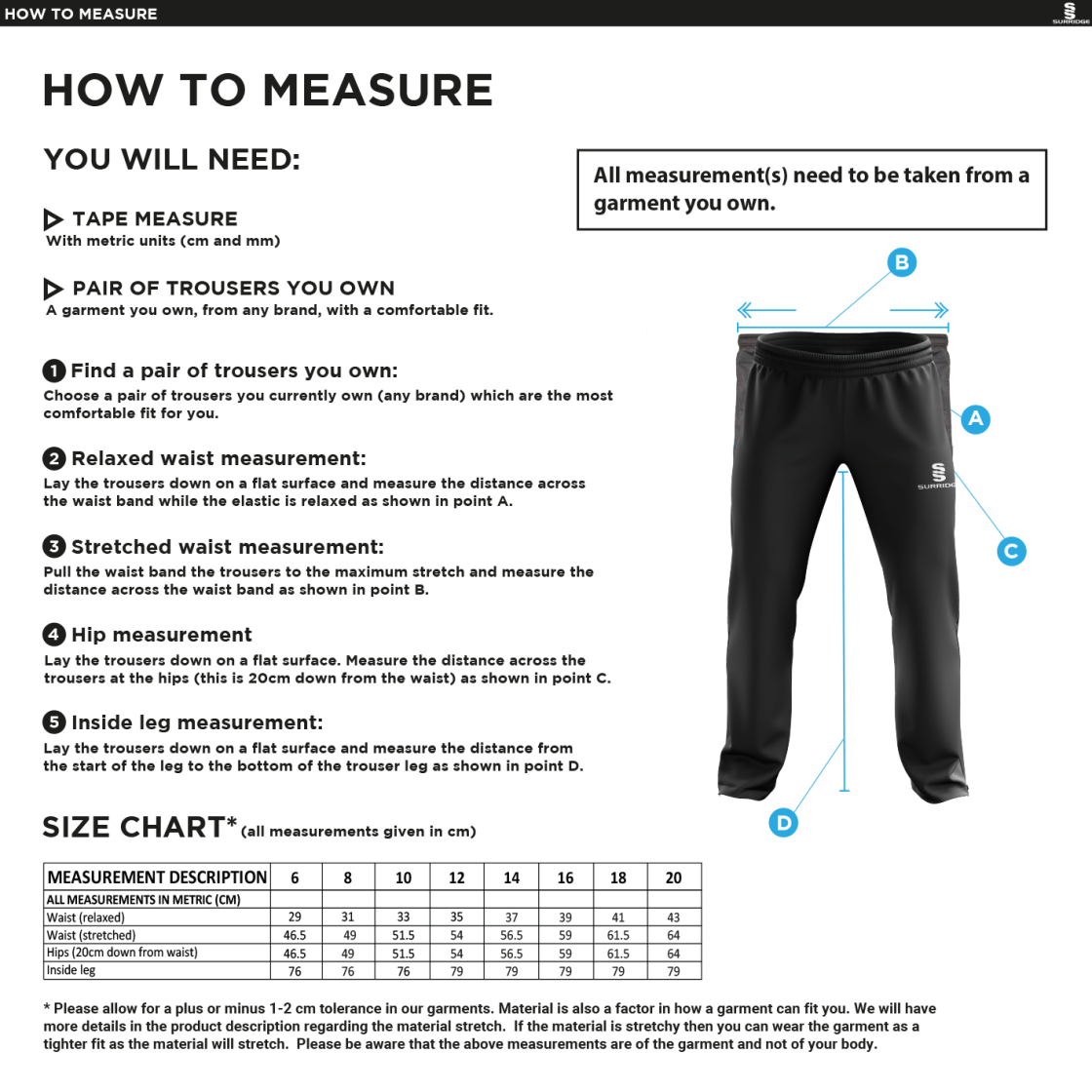 Hornchurch Athletic CC - Women's Poplin Tracksuit Bottom - Size Guide