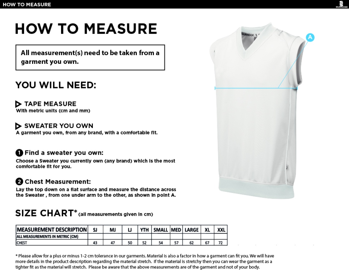 Hornchurch Athletic CC - Curve Sleeveless Sweater (Sponsor) - Size Guide