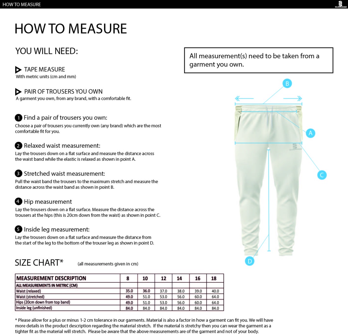 HORNCHURCH ATHLETIC CC Ergo Playing Women`s Pant - Size Guide