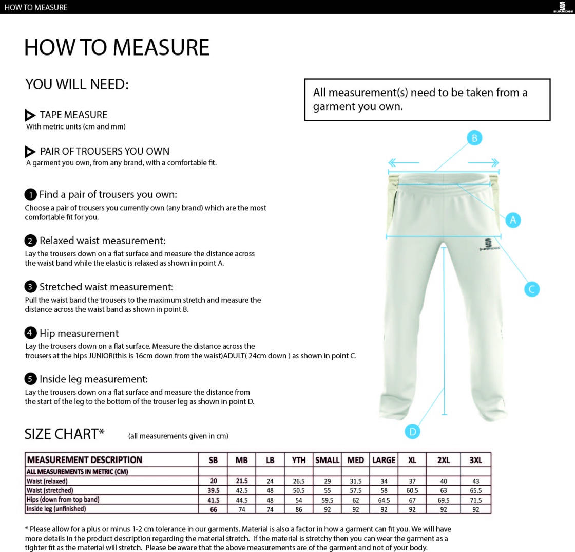 Hornchurch Athletic CC - Pro Playing Pants - Size Guide