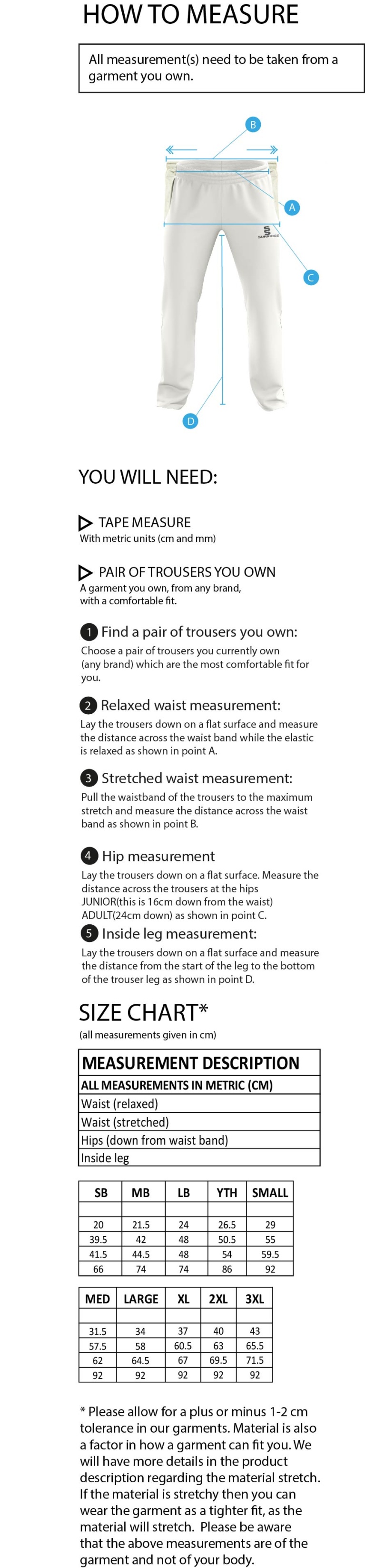 Hornchurch Athletic CC - Pro Playing Pants - Size Guide