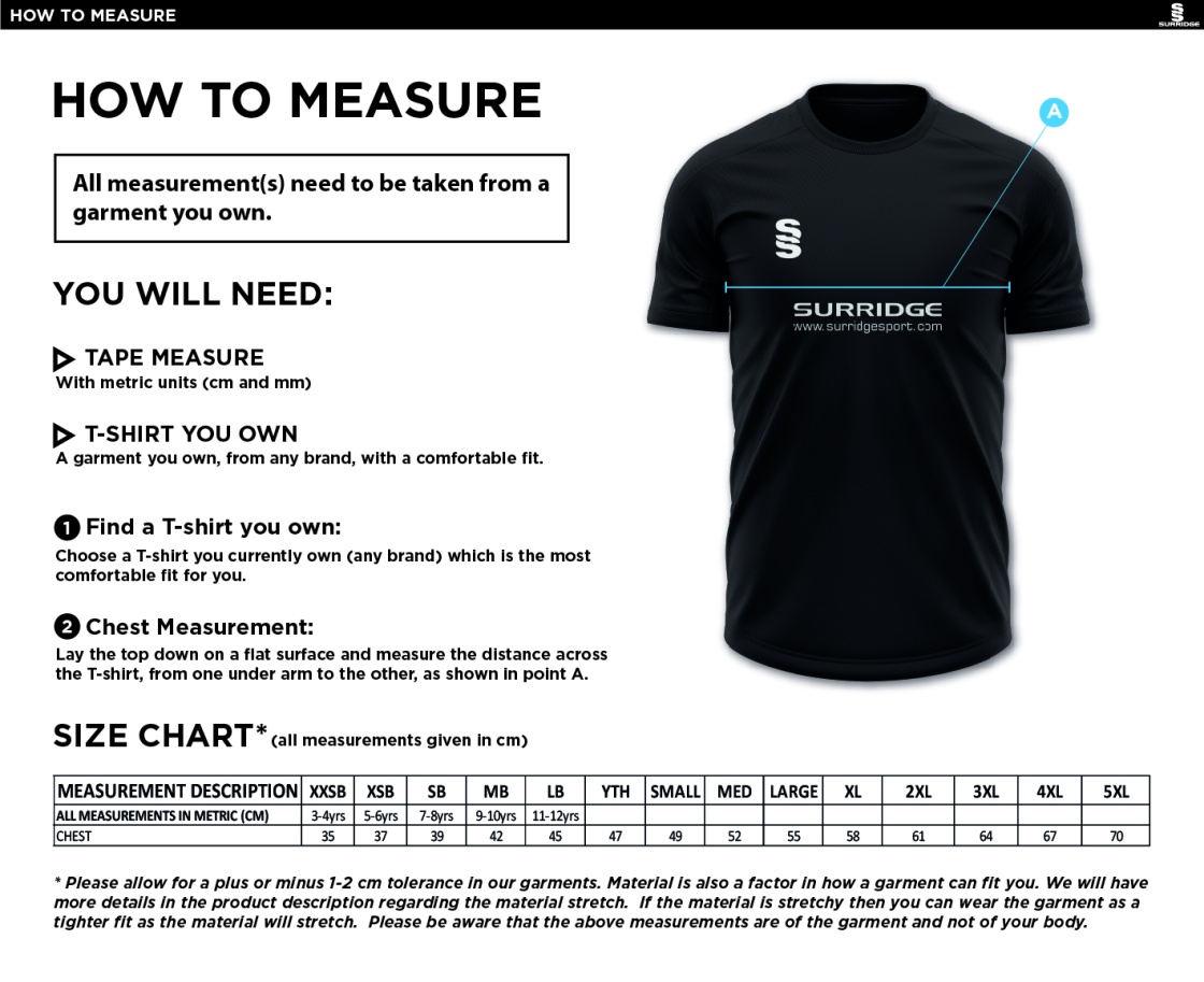 Hornchurch Athletics CC - Junior Dual Training Shirt - Size Guide