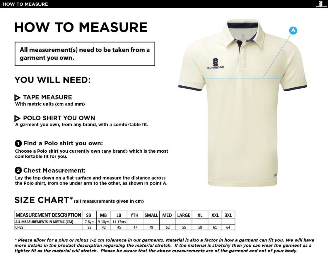 Hornchurch Athletic CC - Ergo Short Sleeved Playing Shirt - Size Guide