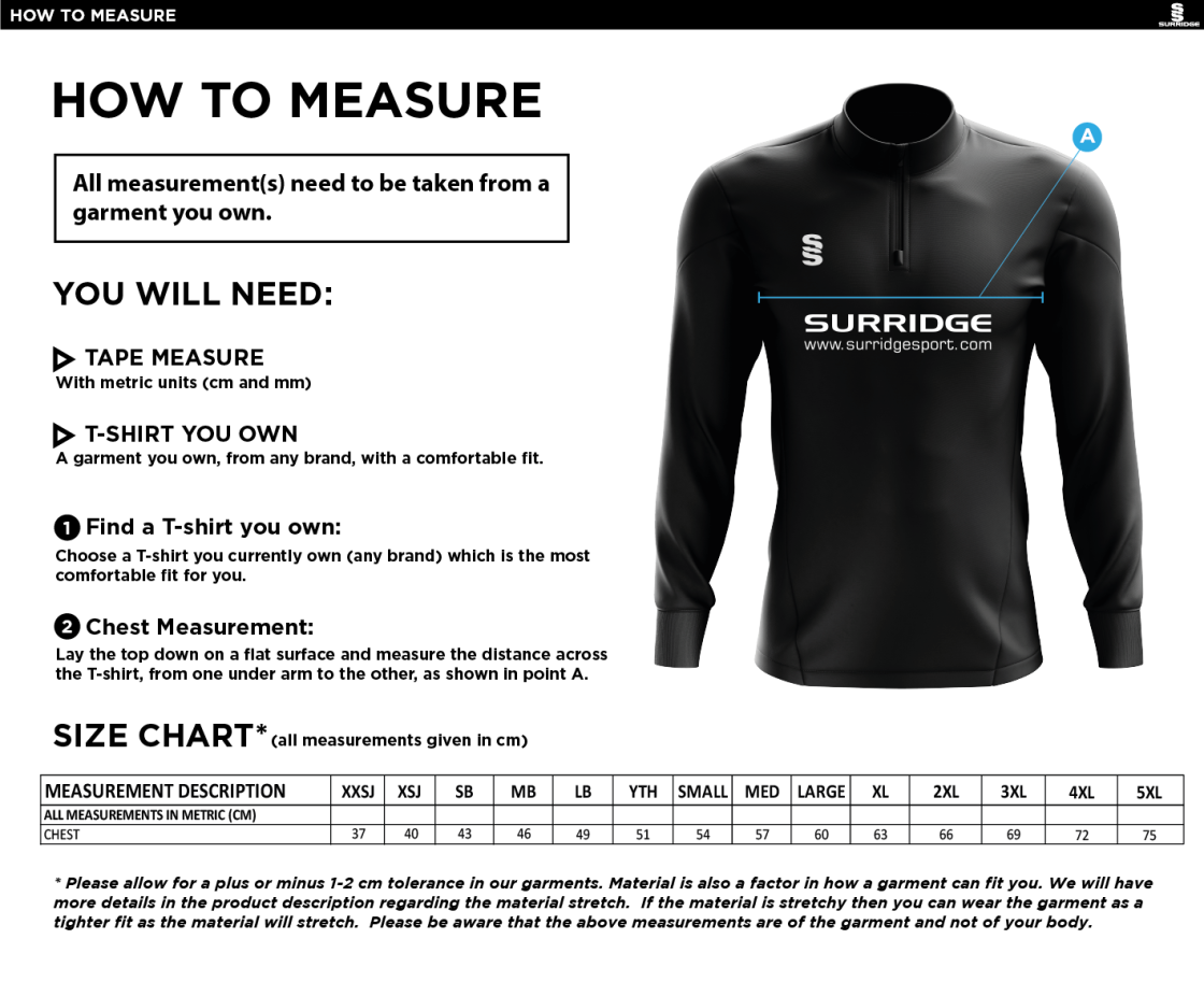 Hornchurch Athletic CC -  Junior - 1/4 Zip Dual Performance Top - Size Guide
