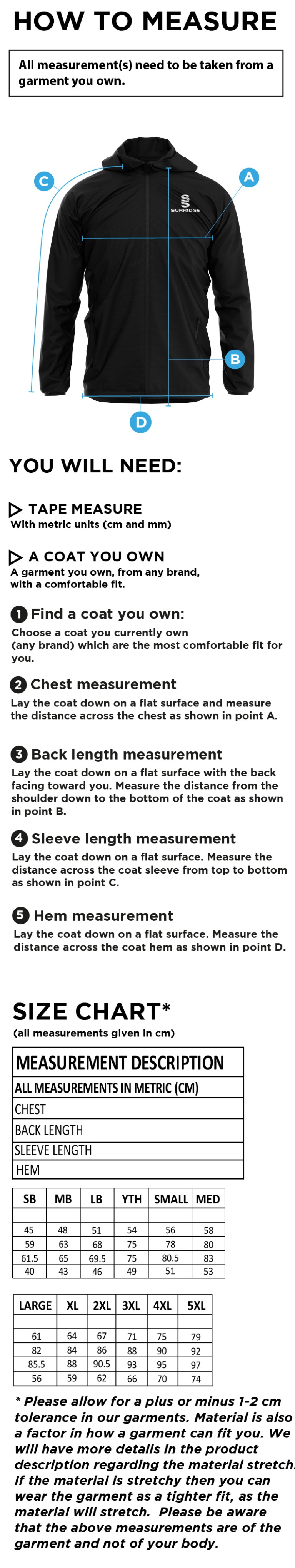 Hornchurch Athletic CC - Dual Training Jacket - Size Guide