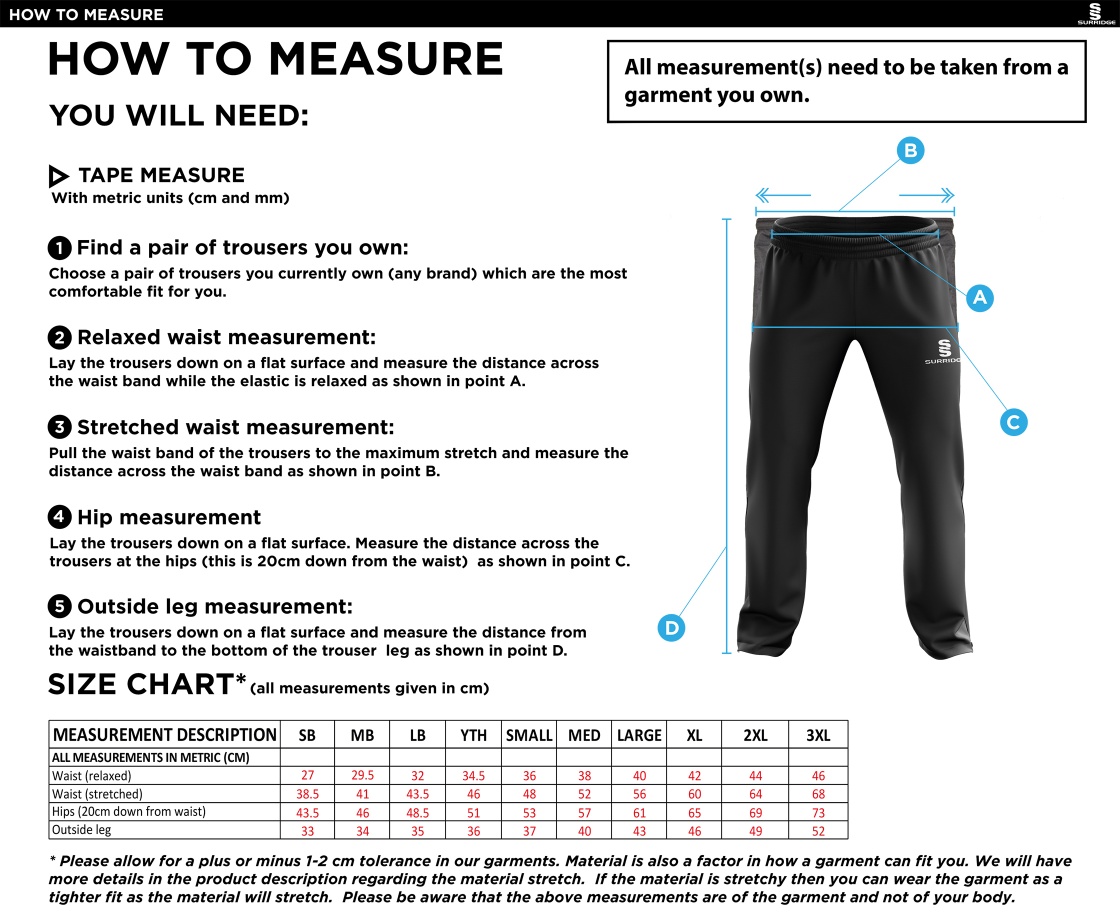 Hornchurch Athletic CC - Ripstop Track Pants - Size Guide