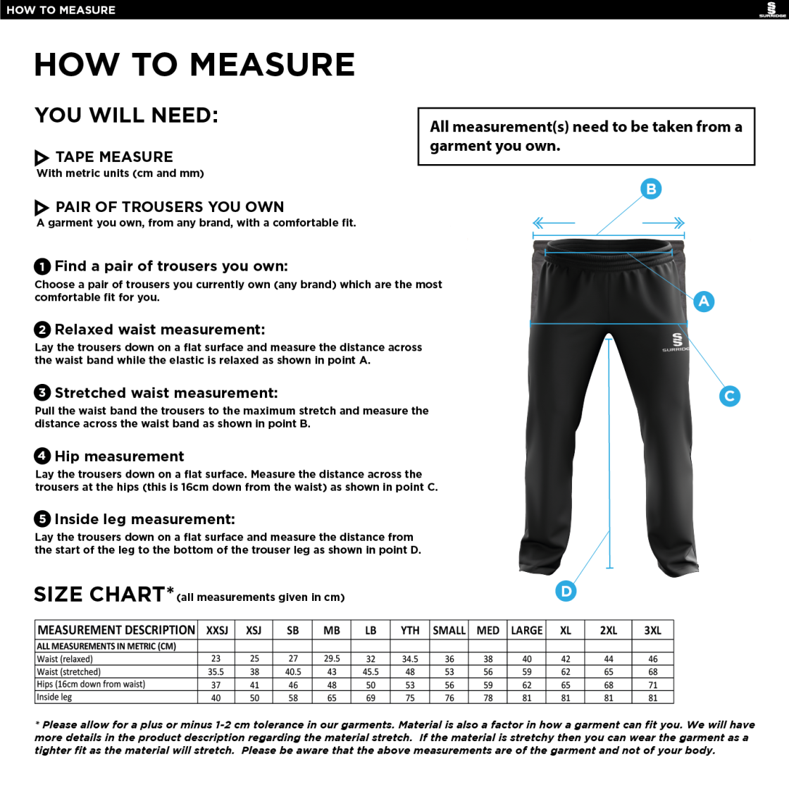 Hornchurch Athletic CC - Poplin Tracksuit Bottom - Size Guide