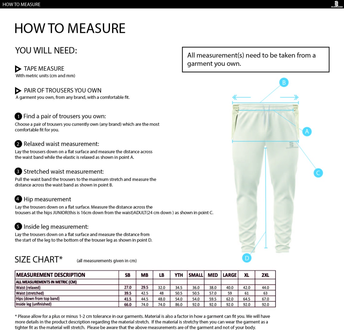 Hornchurch Athletic CC - Tek Playing Pants - Size Guide