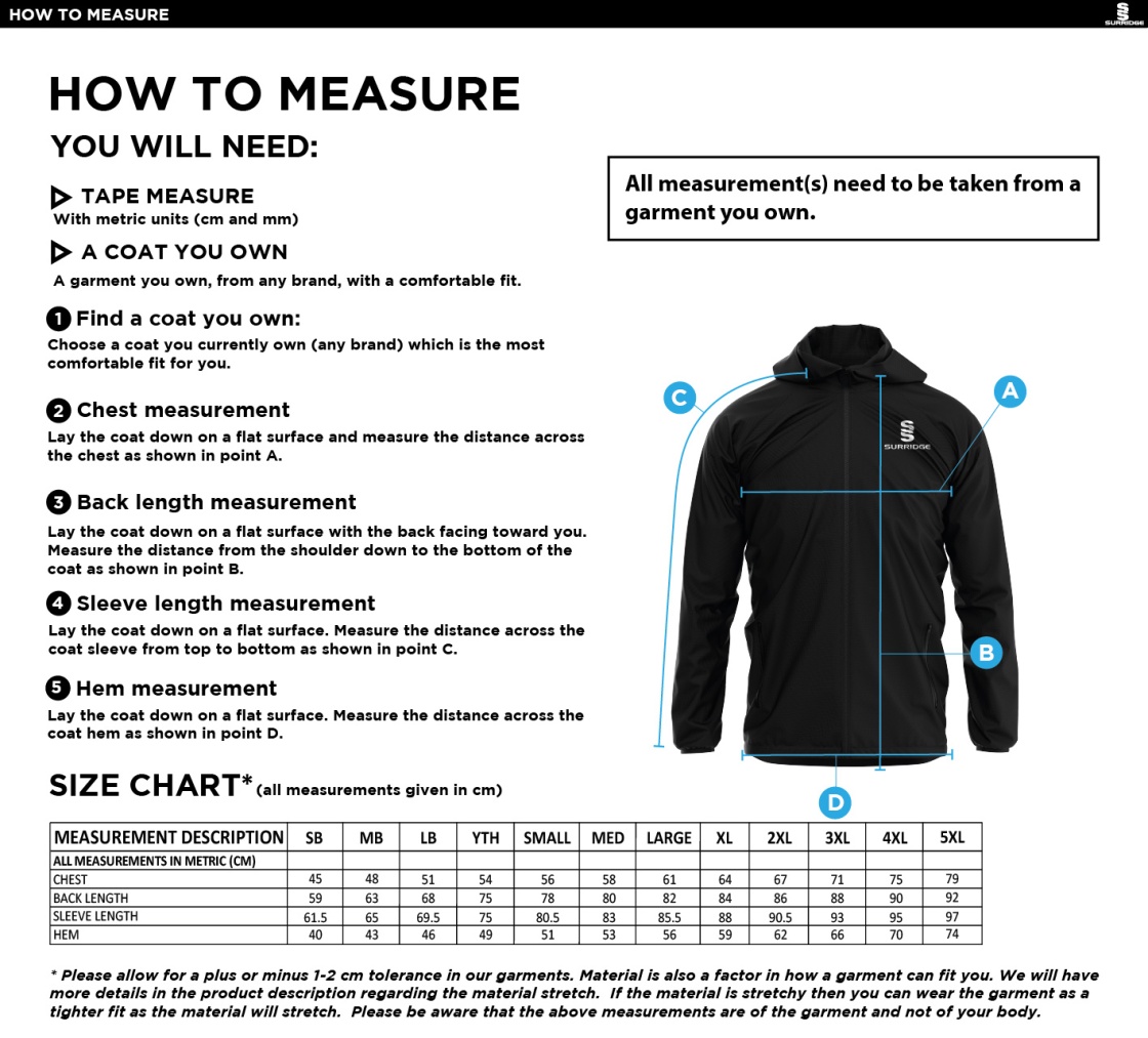 Hornchurch Athletic CC - Dual Training Jacket - Size Guide