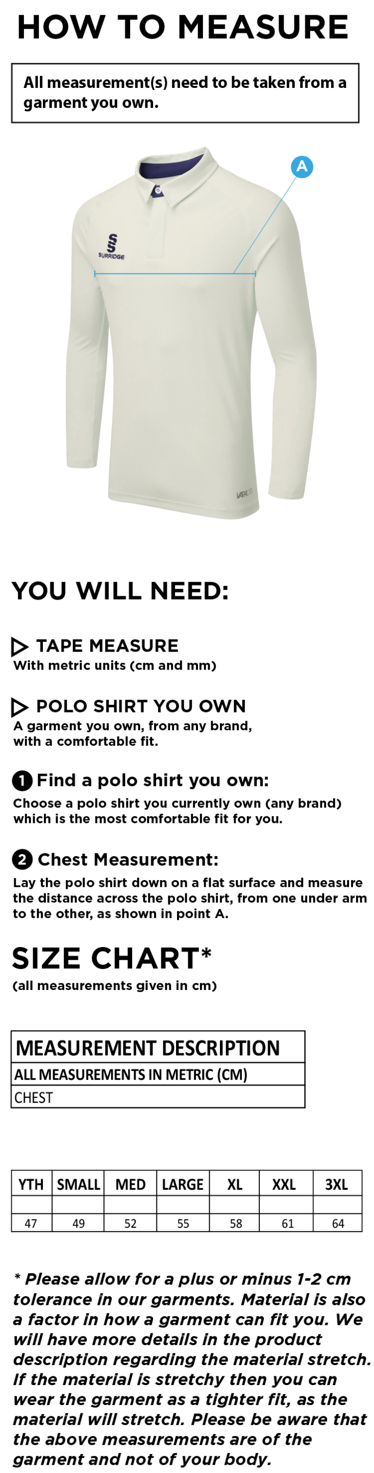 Hornchurch Athletic CC - Ergo Long Sleeved Playing Shirt - Size Guide