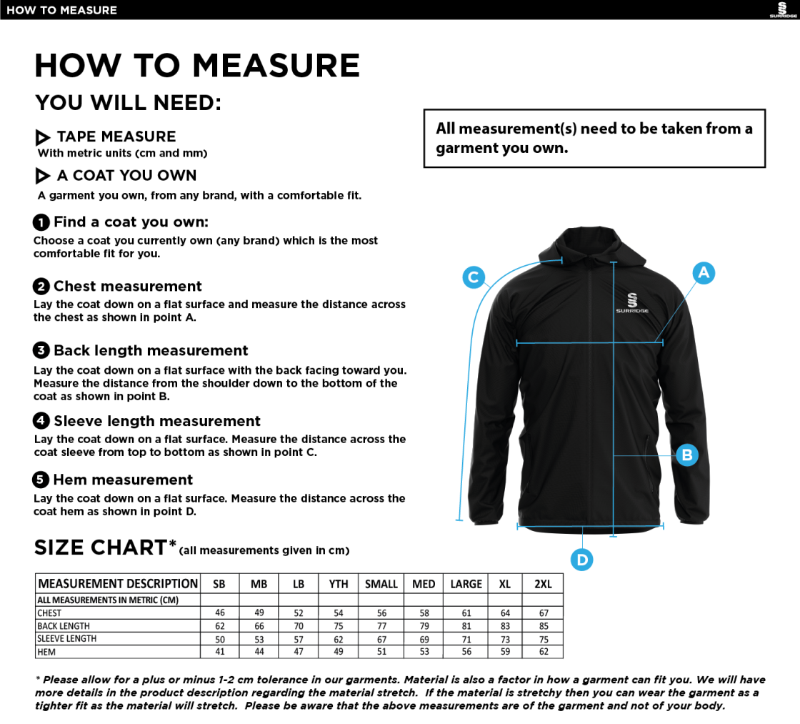 Hornchurch Athletic CC - Dual Training Jacket - Size Guide
