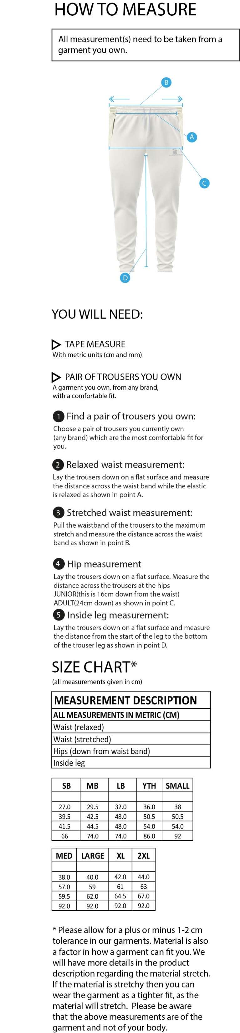 Hornchurch Athletic CC - Tek Playing Pants - Size Guide