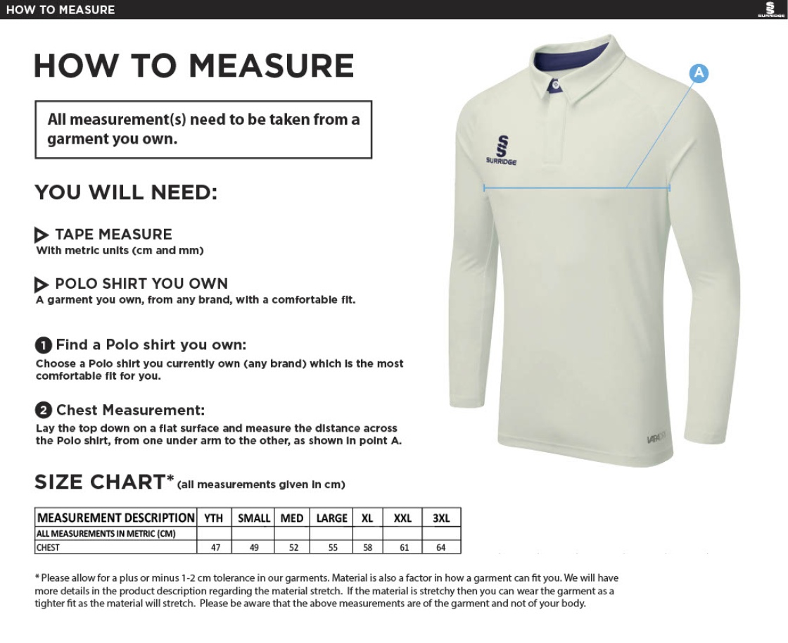 Hornchurch Athletic CC - Ergo Long Sleeved Playing Shirt - Size Guide