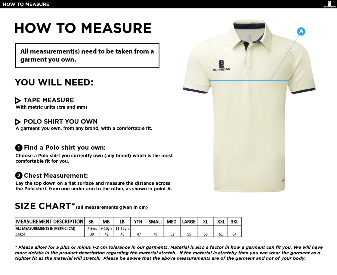 Hornchurch Athletic CC - Ergo Short Sleeved Playing Shirt (Sponsor) - Size Guide